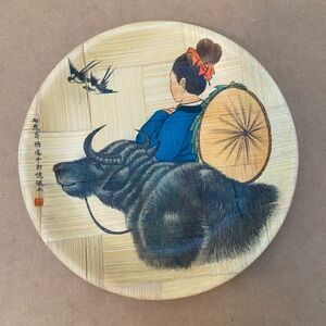 Vintage, Hand-Painted Bamboo  with Girl and Water Buffalo, Rep. of China